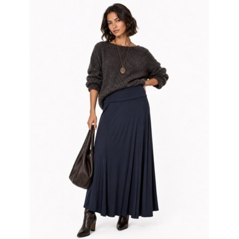 Cabi Carol Anderson Navy Blue Maxi Skirt Style 476 Stretch Foldover Waist M